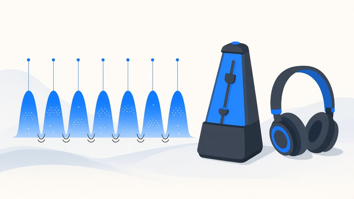 Waveform with blue beat lines over the kick hits and headphones, checking that the detected tempo lands on the beat