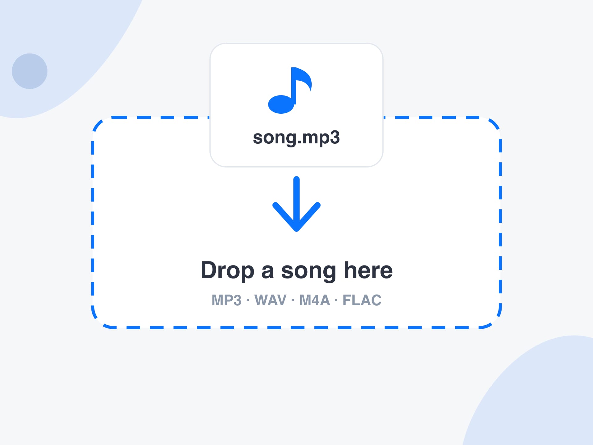 A music file card with an MP3 label being dropped into a dashed drop area under an arrow pointing down